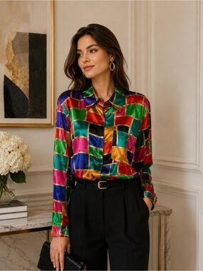 ⭐️Host Pick⭐️VINTAGE-K.C studio Women’s satin colour block button up shirts